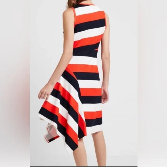 Banana Republic Asymmetrical Orange, Navy, and Cream Dress- Size Large Tall - Picture 2 of 14